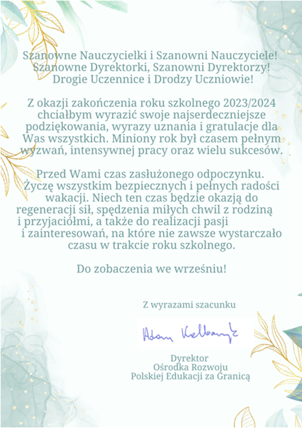 LIST DYREKTORA ORPEG NA ZAKOŃCZENIE ROKU SZKOLNEGO